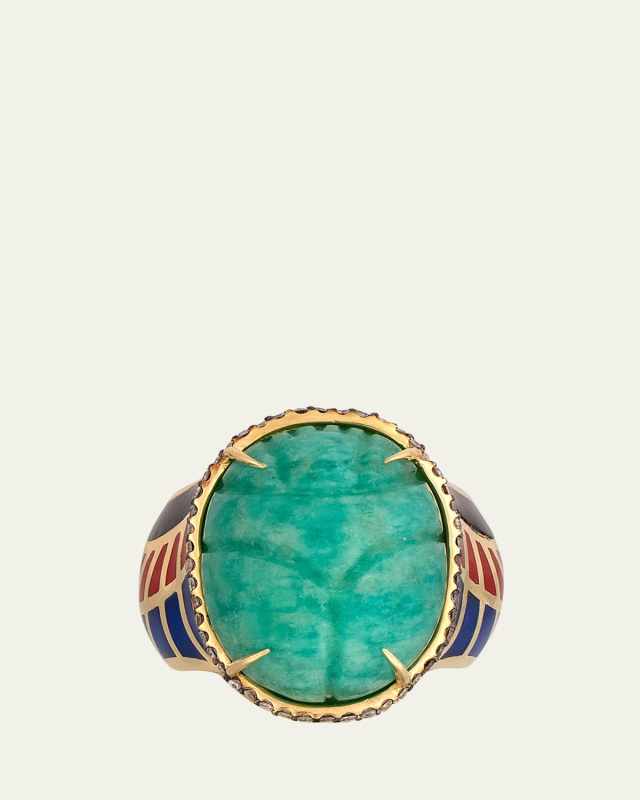 18K Yellow Gold Amazonite Scarab Ring with Black, Red and Blue Ceramic